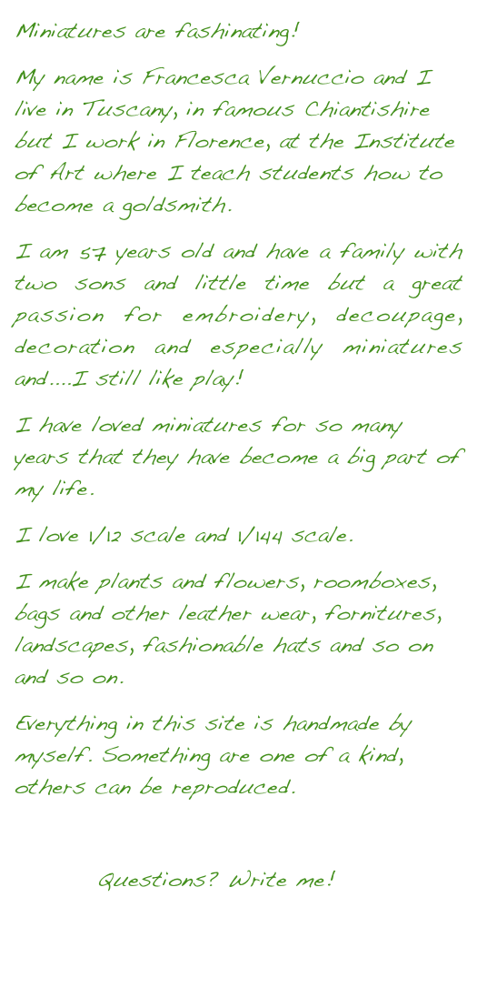 Miniatures are fashinating!
My name is Francesca Vernuccio and I live in Tuscany, in famous Chiantishire but I work in Florence, at the Institute of Art where I teach students how to become a goldsmith.
I am 57 years old and have a family with two sons and little time but a great passion for embroidery, decoupage, decoration and especially miniatures and....I still like play! 
I have loved miniatures for so many years that they have become a big part of my life.
I love 1/12 scale and 1/144 scale. 
I make plants and flowers, roomboxes, bags and other leather wear, fornitures, landscapes, fashionable hats and so on and so on.
Everything in this site is handmade by myself. Something are one of a kind, others can be reproduced.
          
         Questions? Write me!francescavernuccio1@virgilio.it
